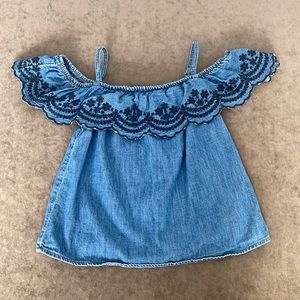 Abercrombie kids off the shoulder denim top ruffle trim. Color denim size 7/8